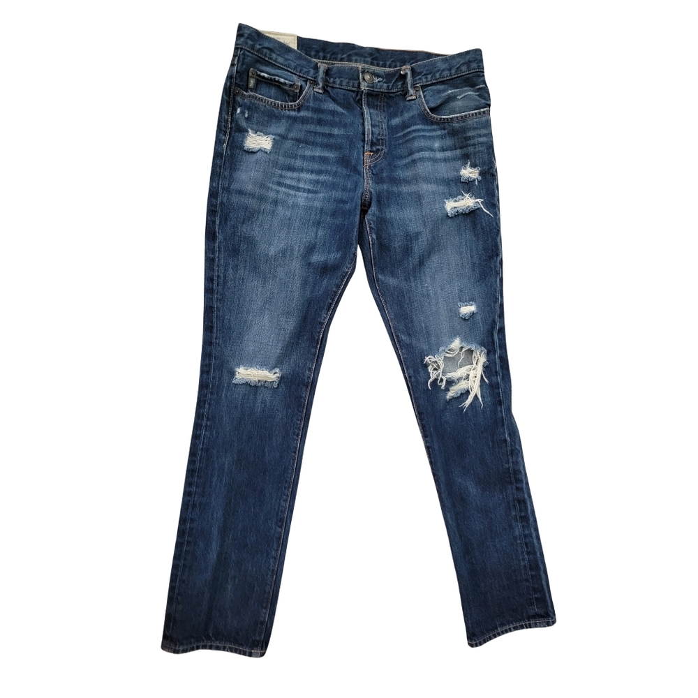 Abercrombie & Fitch Skinny Jeans Mens 33x32 Dark Wash Distressed Button Fly
